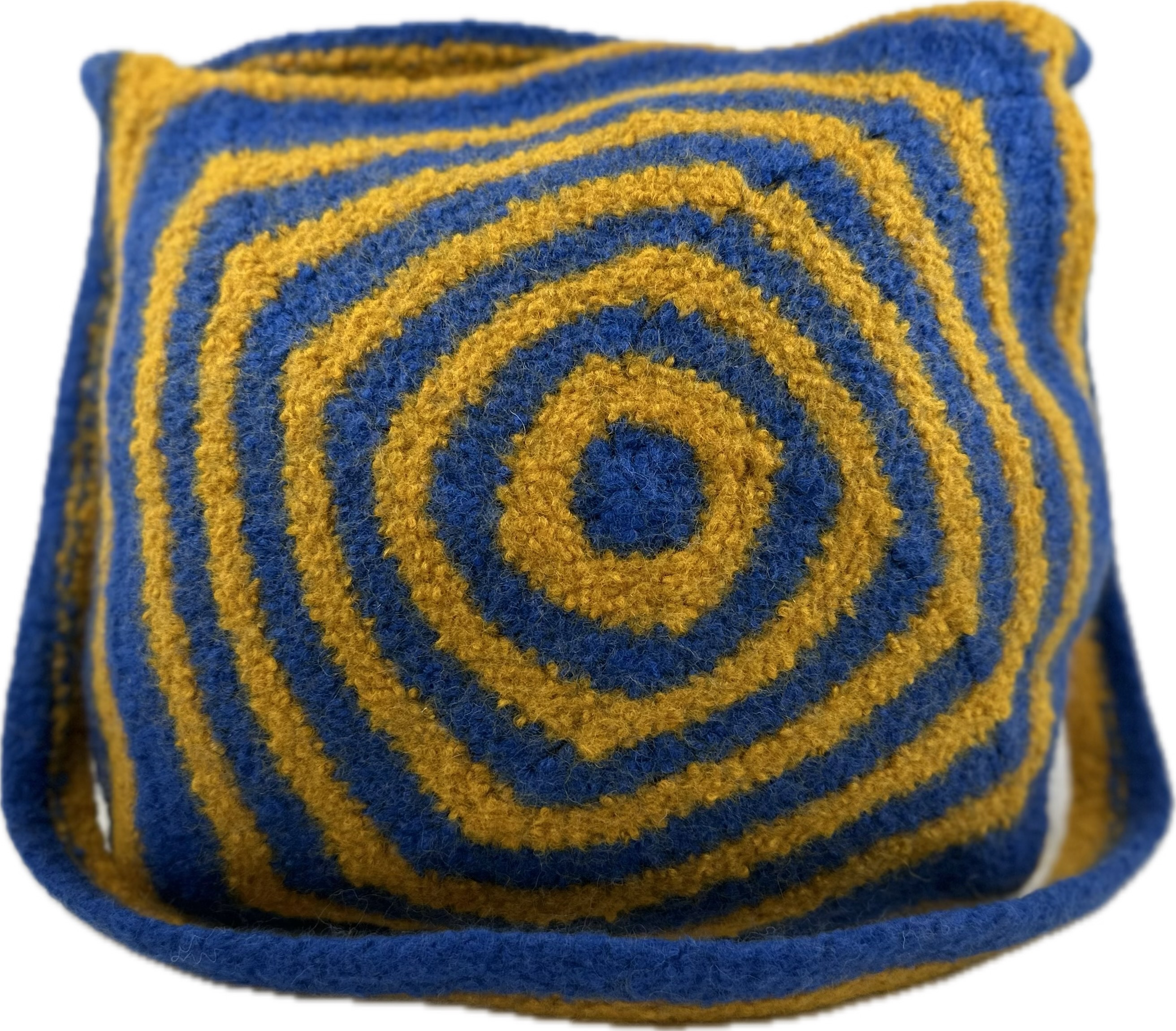 Blue and mustard concentric spiral felted crossbody purse